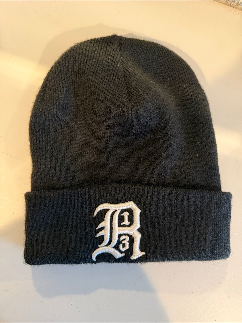 R13 Black Knit Beanie with White Embroidered Lettering